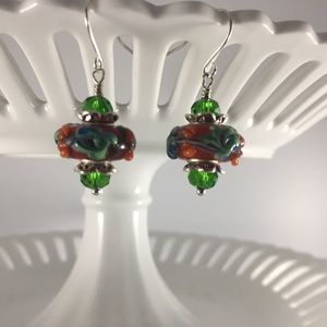 Handmade Earrings Unique Design Dark Orange Green Gold Lamp Work 3D New